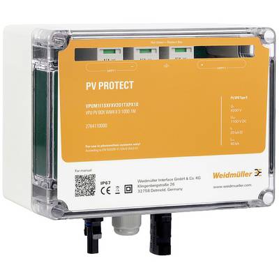Obrázek zobrazuje elektrické ochranné zařízení od společnosti Weidmüller s označením 'PV Protect'. Má několik vstupů a je umístěno v průhledném pouzdře.