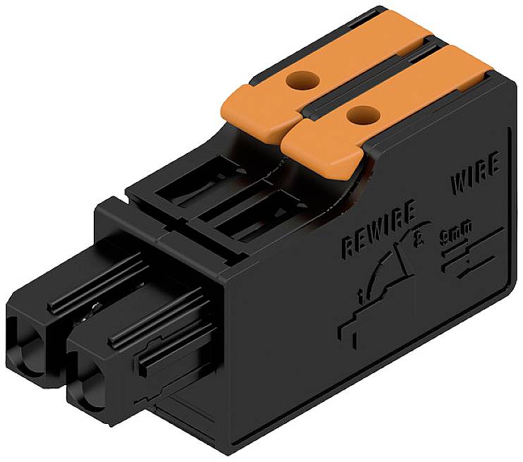 Černý elektrický konektor s dvěma oranžovými pákami, vhodný pro upevnění vodičů do 5 mm², s nápisy 'REWIRE' a 'WIRE'.