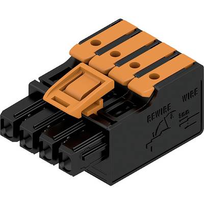 Černý a oranžový konektor se třemi kontakty, používaný pro elektrické zapojení.