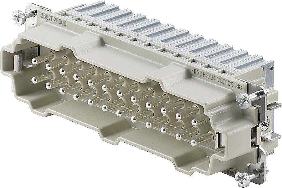 Průmyslový vícepinový konektor obdélníkového tvaru s robustní konstrukcí pro mechanické a elektrické připojení.