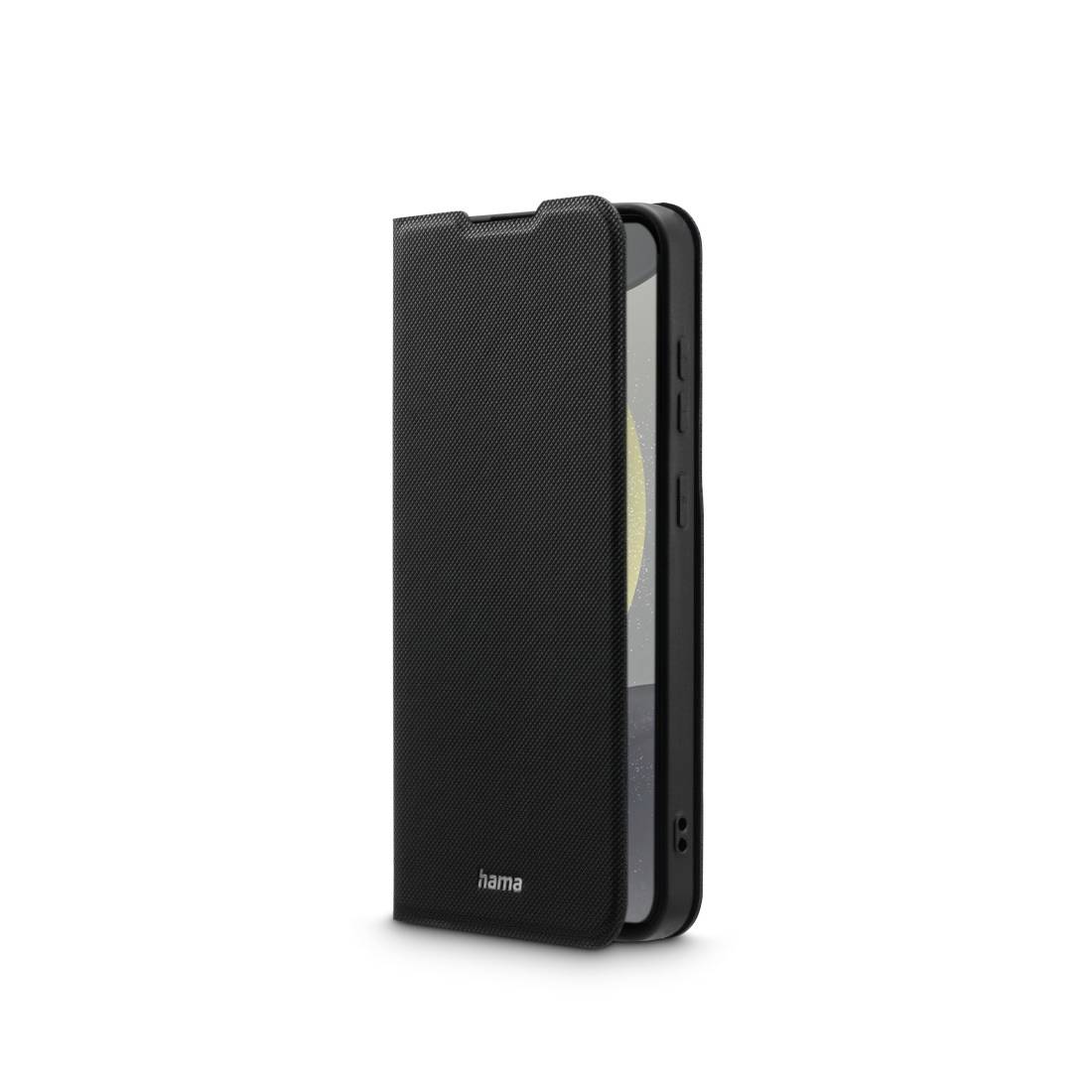 Černé pouzdro značky Hama pro smartphone, stojící s otevřeným víčkem, které částečně zakrývá displej.