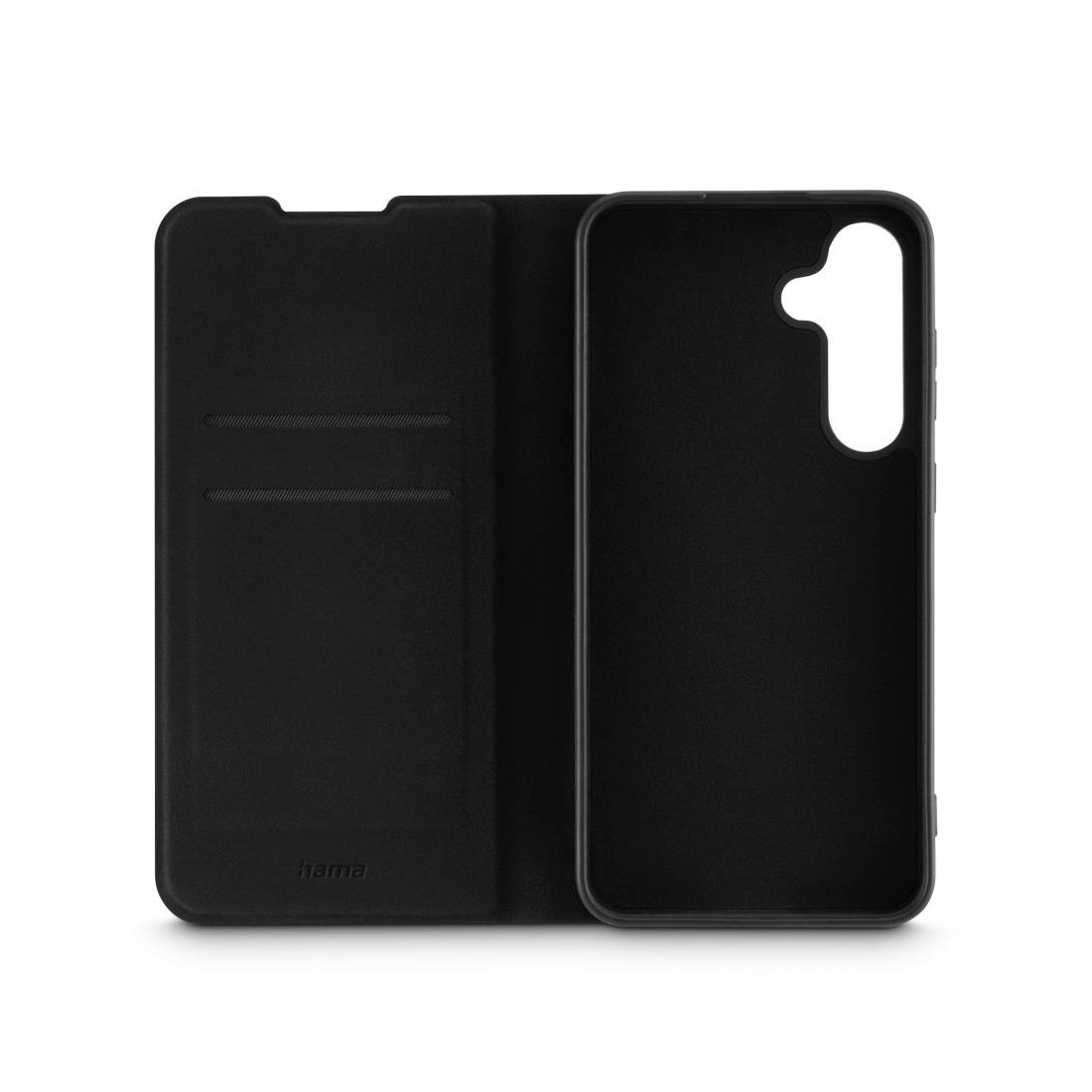 Černý ochranný obal na smartphone s designem knihového pouzdra, dvěma vnitřními kapsami na karty, vhodný pro modely s vertikálním výřezem pro kameru.