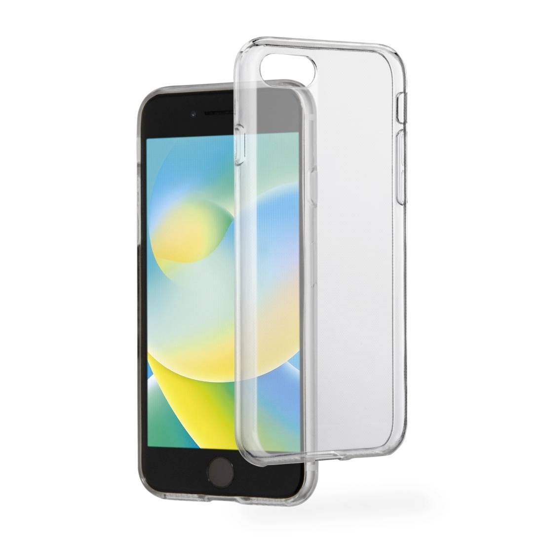 Smartphone s průhledným pouzdrem; pouzdro je lehce naklněné, přední strana smartphonu zobrazuje barevný displej.