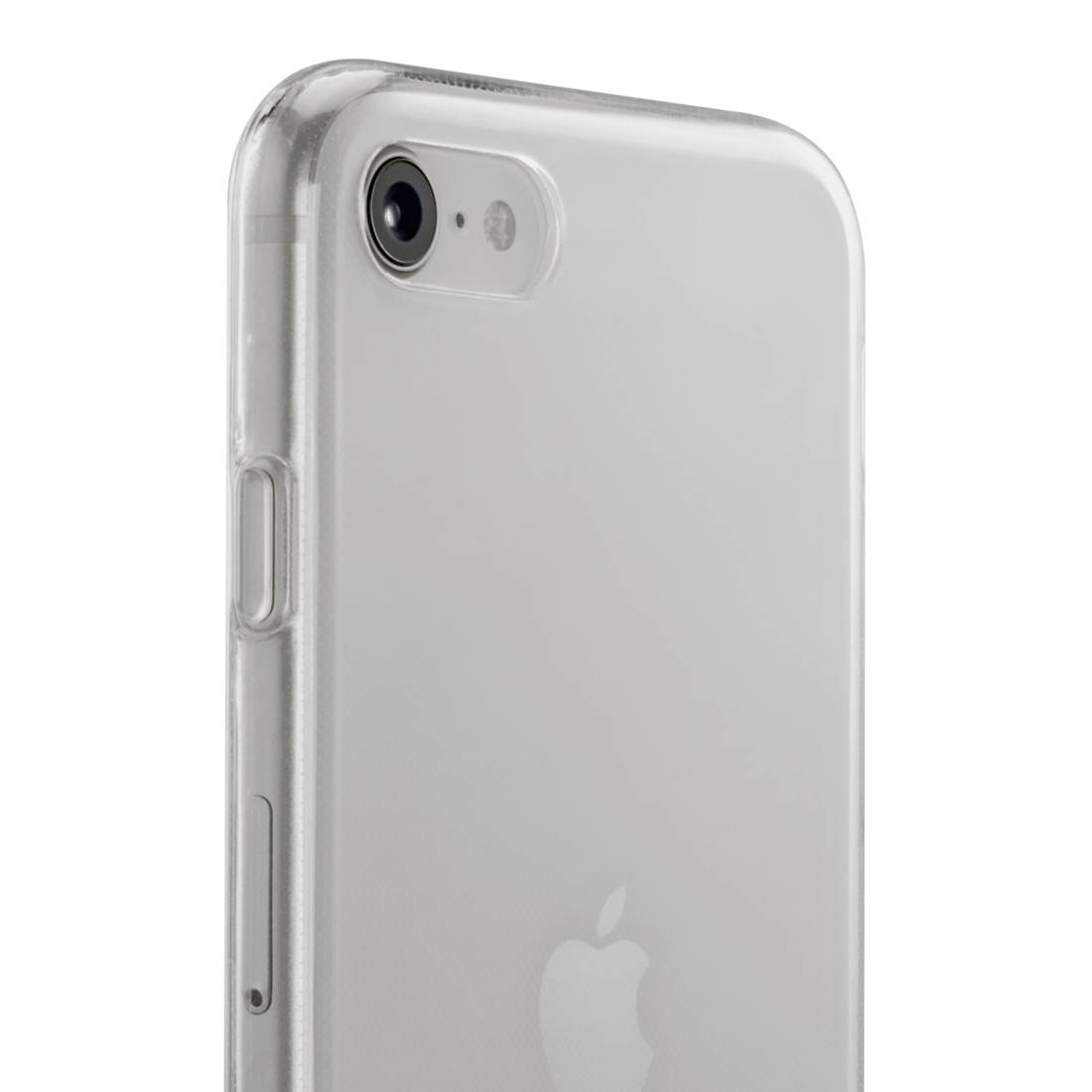 Mobilní telefon s průhledným ochranným krytem. Na zadní straně je viditelné logo. Fotoaparát se nachází vlevo nahoře.