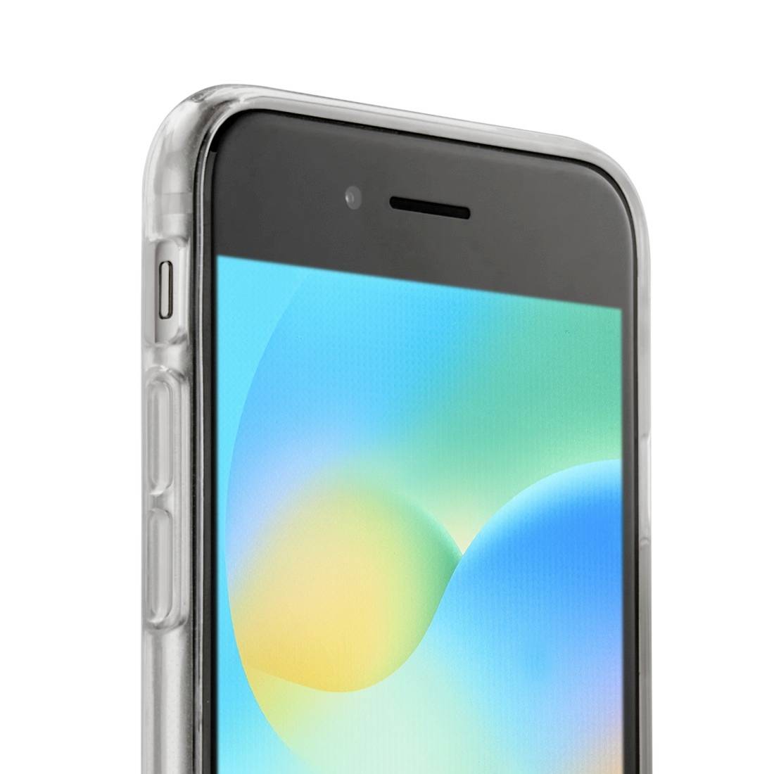 Chytrý telefon s průhledným ochranným krytem zobrazuje barevný displej. Zařízení je částečně viditelné z boku.