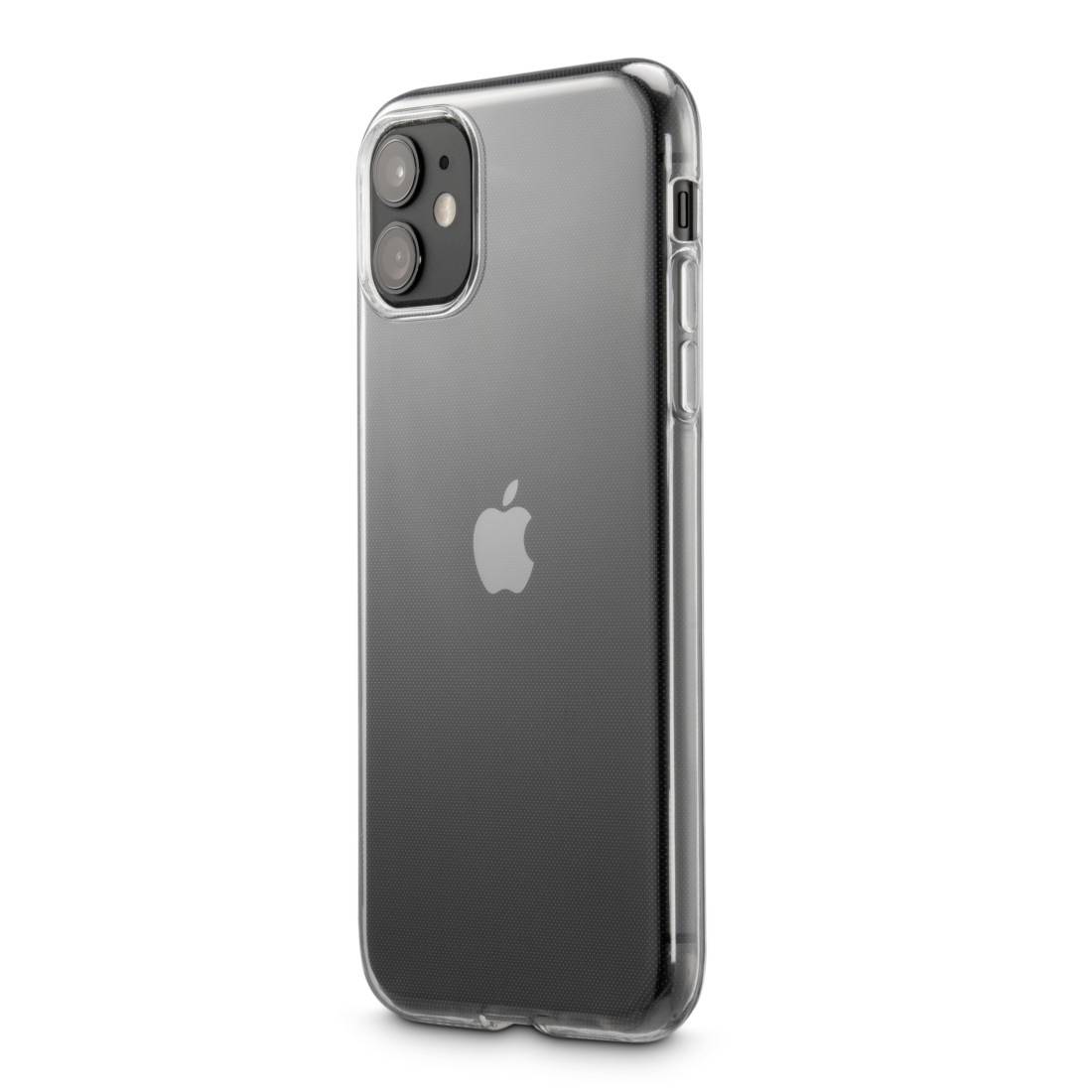 Mobilní telefon s průhledným pouzdrem. Na zadní straně je viditelné logo jablka. Zařízení má dvě kamery.