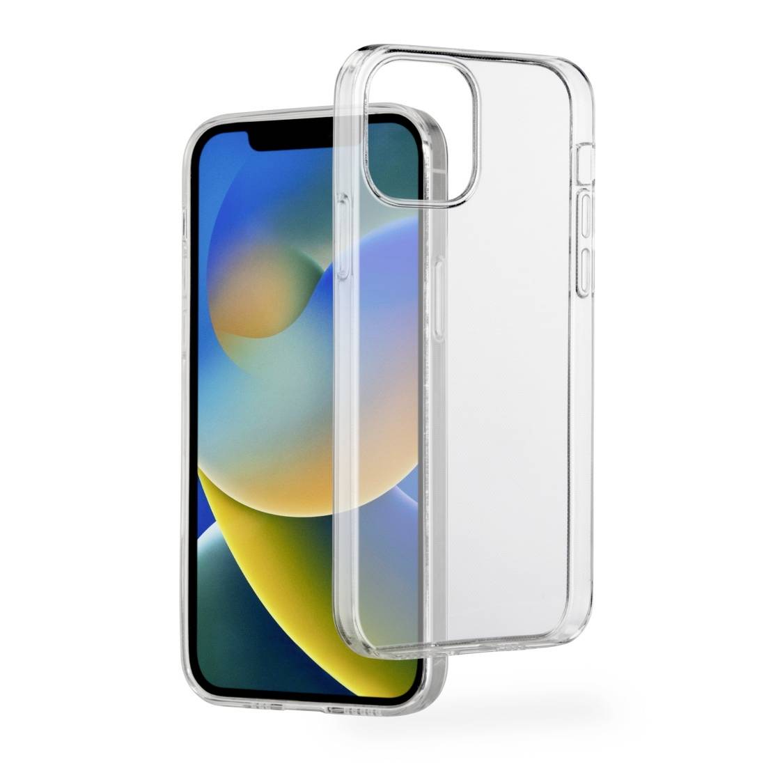 Průhledný mobilní kryt vedle smartphonu s barevným pozadím na displeji. Vhodný pro zobrazený model.