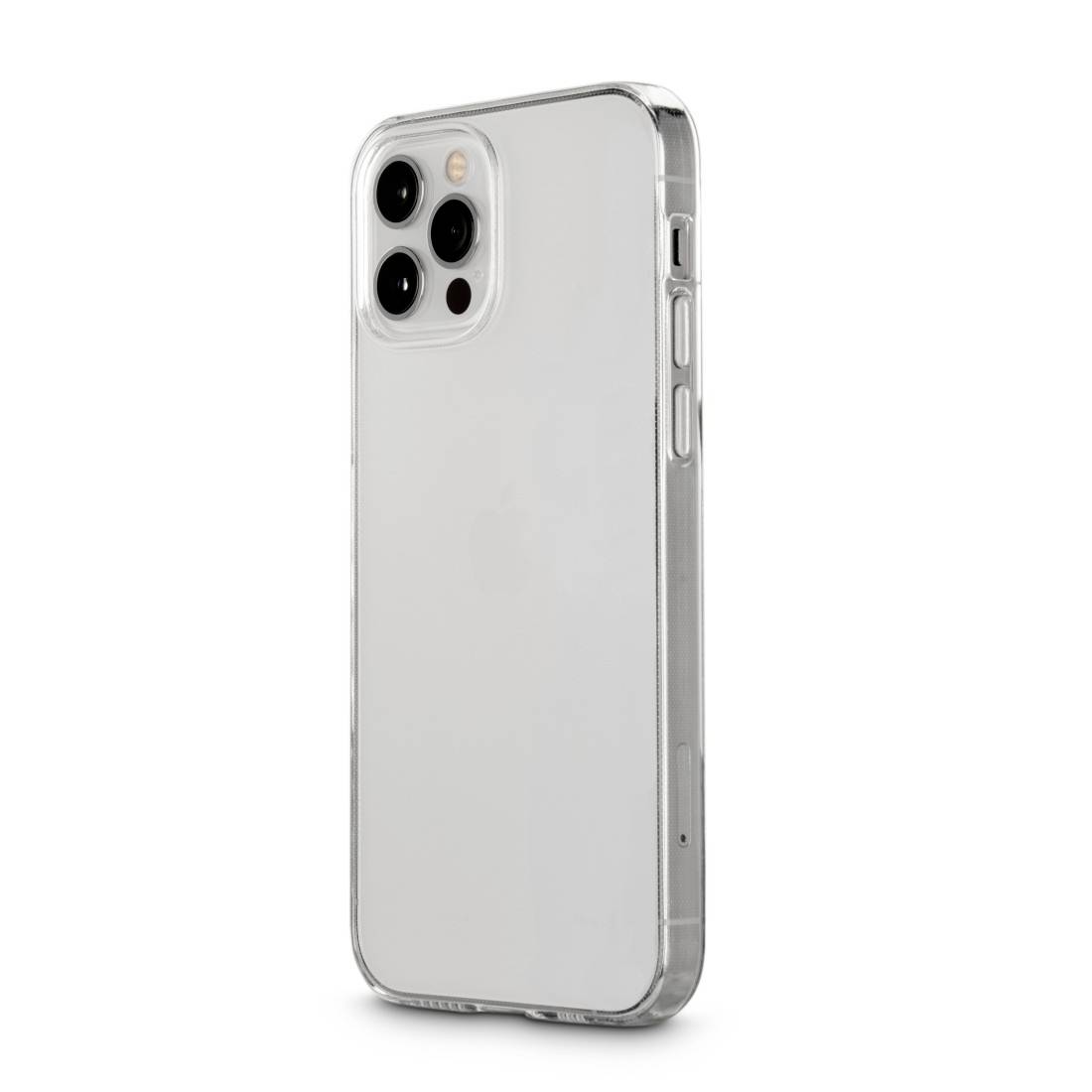 Smartphone s průhledným ochranným krytem, pohled zezadu ukazuje tři objektivy fotoaparátu v levém horním rohu.