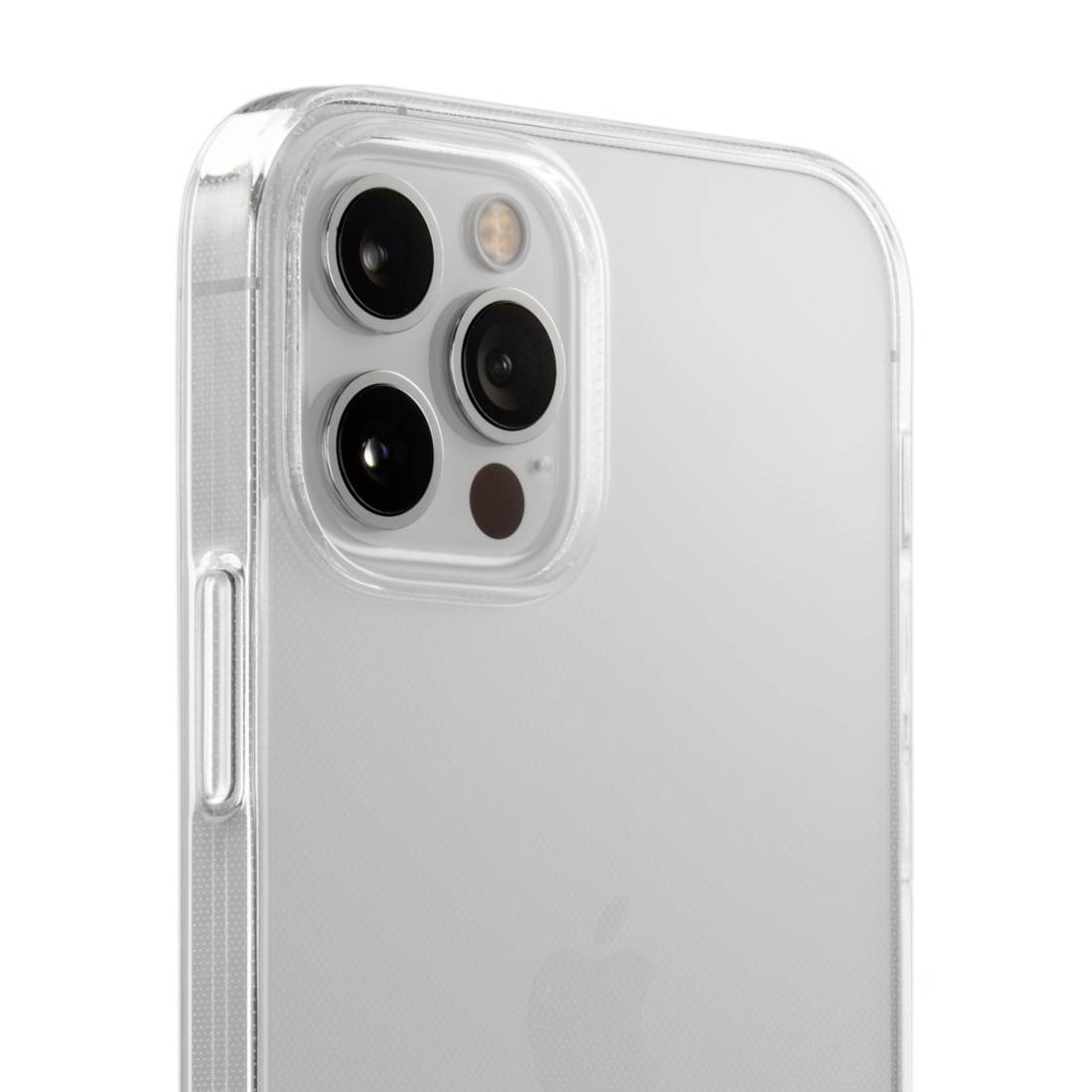 Smartphone s průhledným tělem ukazuje zadní stranu se třemi objektivy fotoaparátu a bleskem.