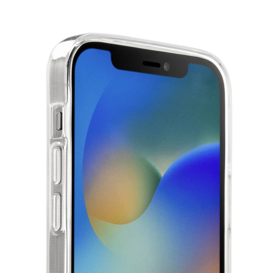 Smartphone v obalu s abstraktním pozadím na displeji, ukazující směs modro-zelených tónů.