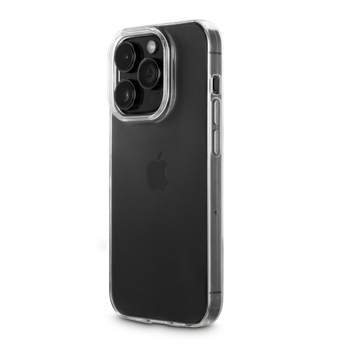 Černý smartphone s průhledným ochranným pouzdrem, pohled z boku.
