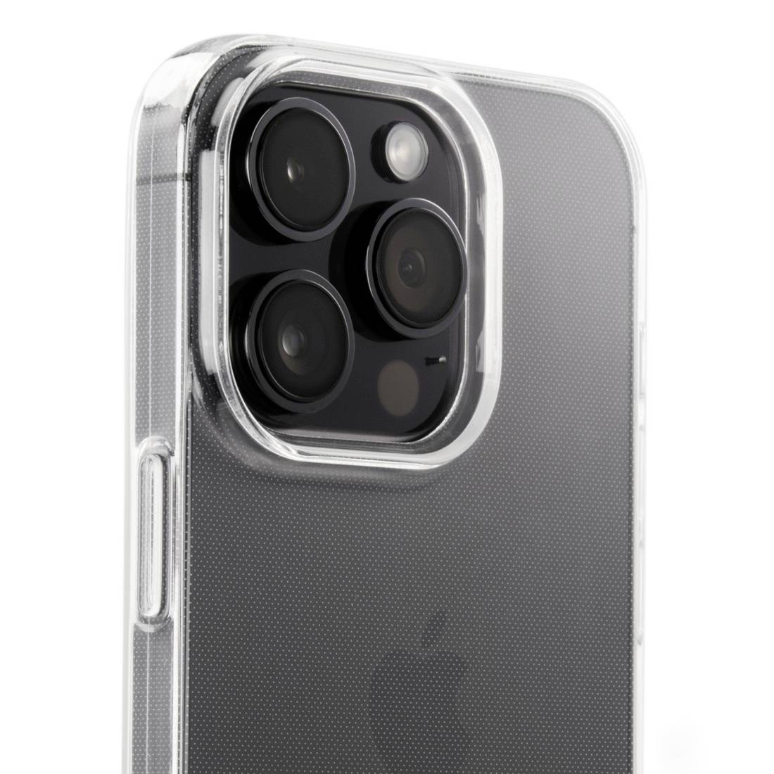 Smartphone s průhledným obalem zvýrazňujícím fotoaparát se třemi čočkami a bleskem. Logo značky viditelné v dolní části.