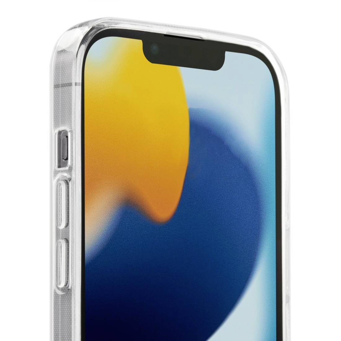 Smartphone v průhledném obalu, displej zobrazuje abstraktní pozadí v modré a oranžové barvě. Horní hrana a boční tlačítka jsou viditelné.