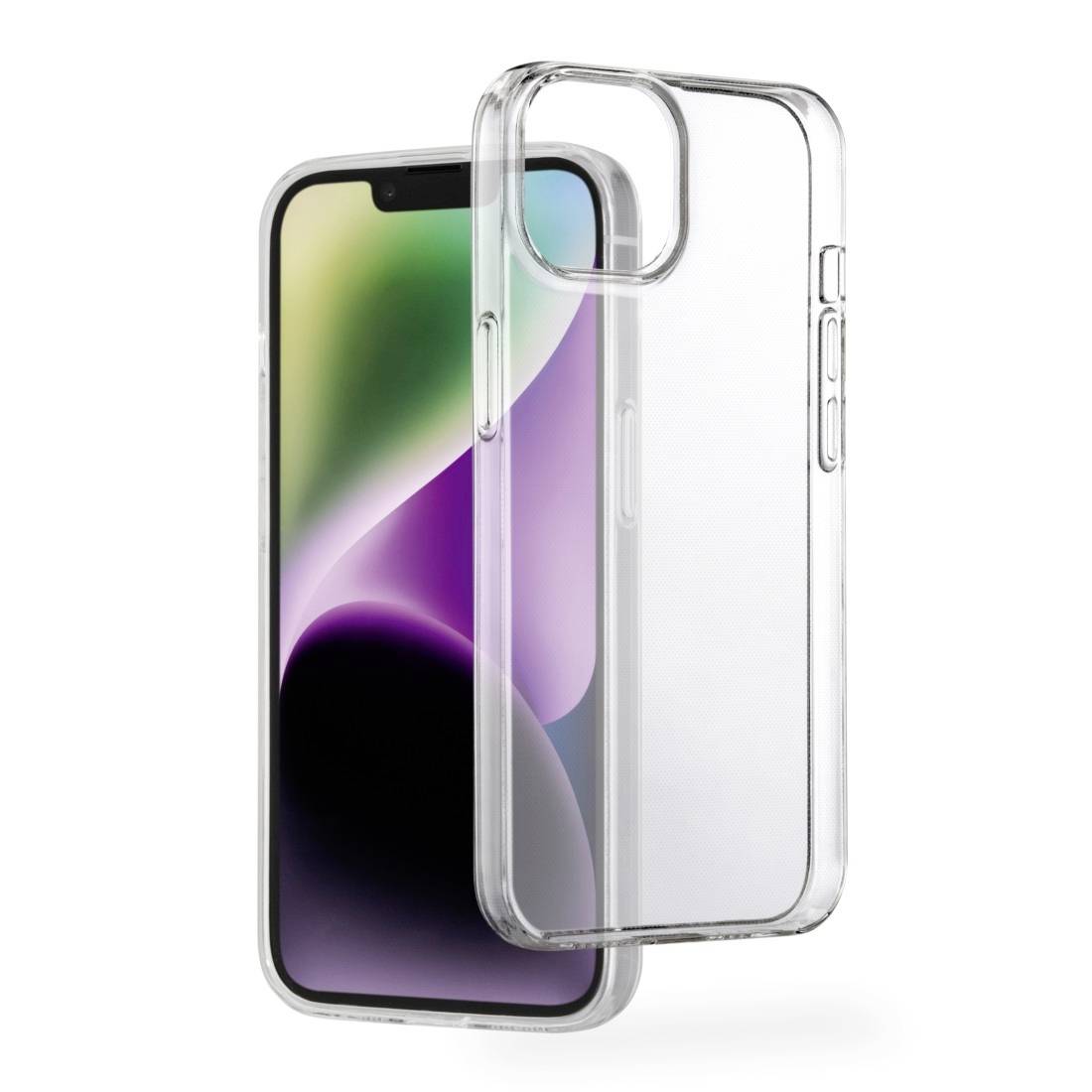Smartphone s poloprůhledným plastovým pouzdrem. Display zobrazuje barevné křivky.