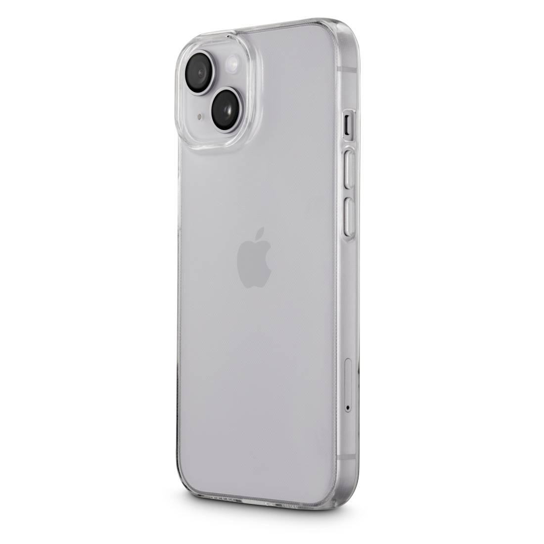 Moderní smartphone s průhledným plastovým pouzdrem, zobrazující zadní stranu a duální fotoaparát.