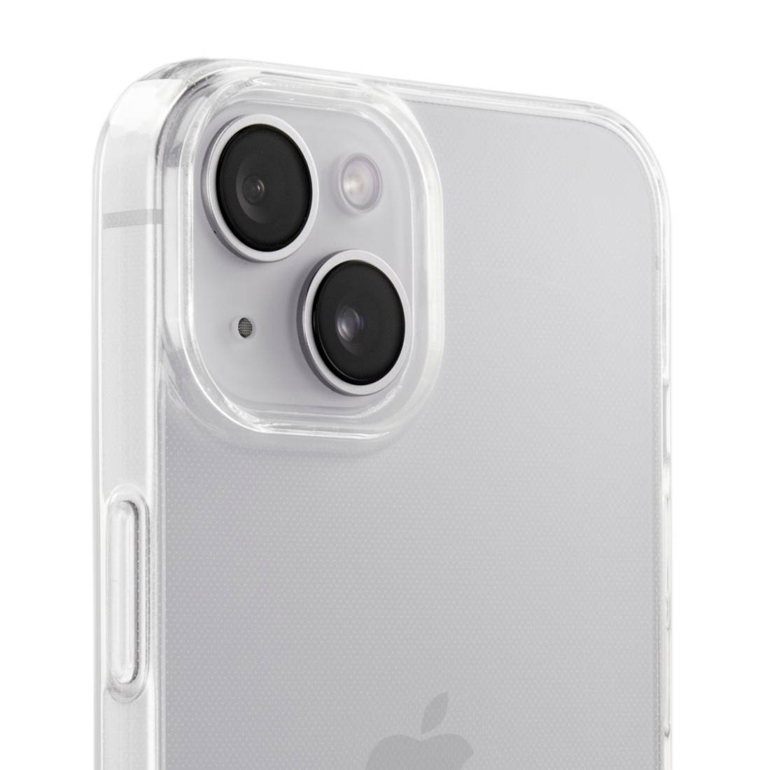 Průhledný kryt mobilního telefonu chrání smartphone. Ukazuje dva objektivy fotoaparátu a blesk na zadní straně zařízení.