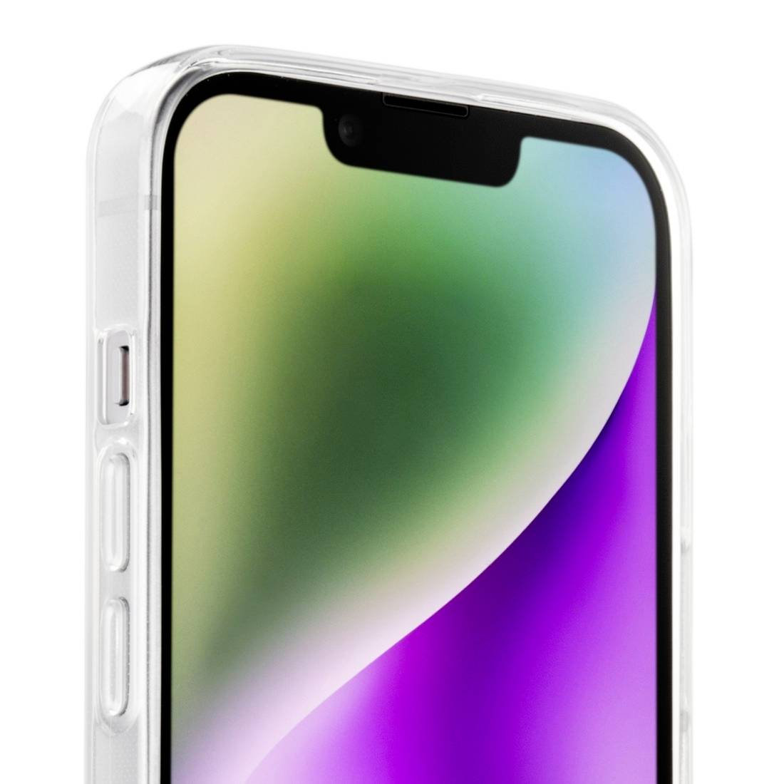 Smartphone s bílým pouzdrem a zakřiveným displejem. Displej zobrazuje rozmazané, pestrobarevné přechody.
