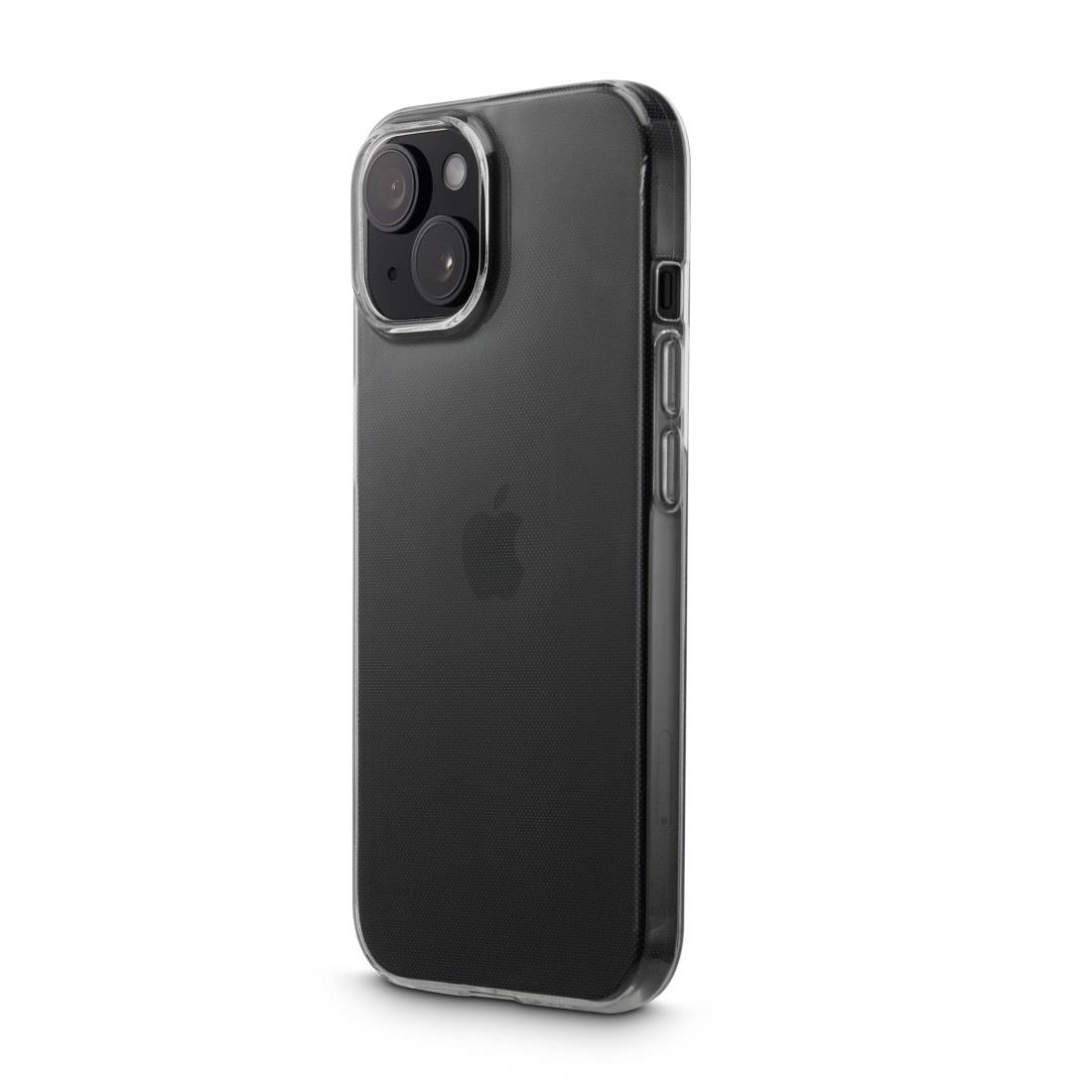 Černý smartphone s průhledným ochranným krytem, pohled zezadu. Zobrazuje dva objektivy fotoaparátu a boční tlačítka.