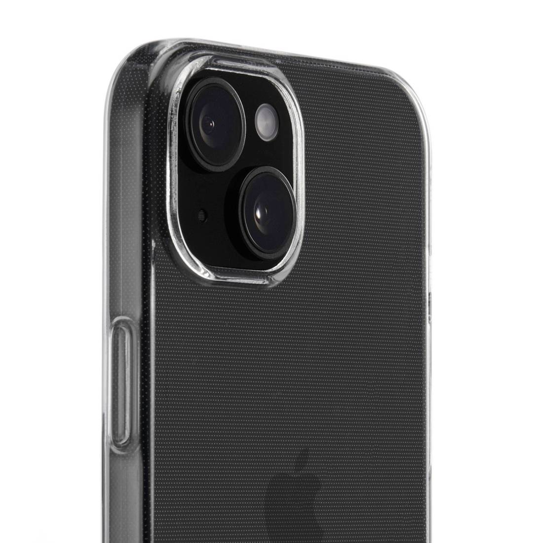 Smartphone s černým zadním krytem a průhledným pouzdrem, které zobrazuje dva objektivy fotoaparátu v levém horním rohu.