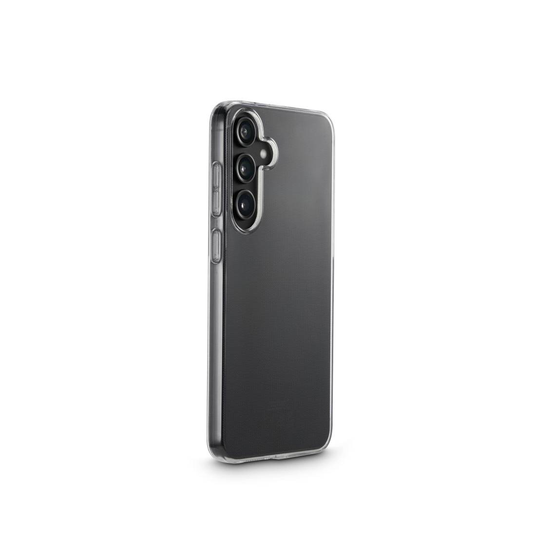 Průhledný mobilní kryt chránící černý smartphone se třemi fotoaparáty.