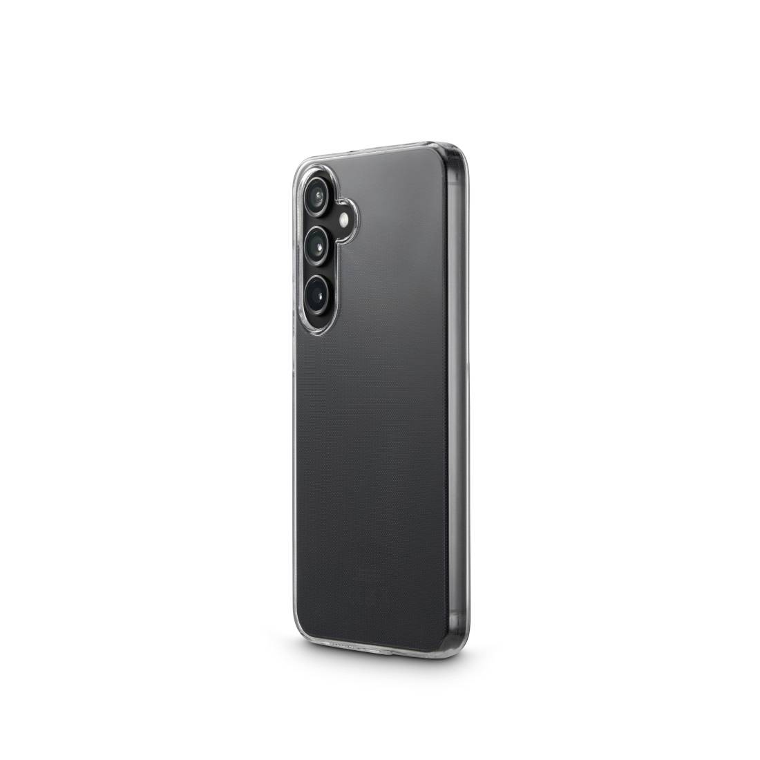 Moderní smartphone se třemi objektivy na zadní straně. Je v průhledném ochranném krytu.
