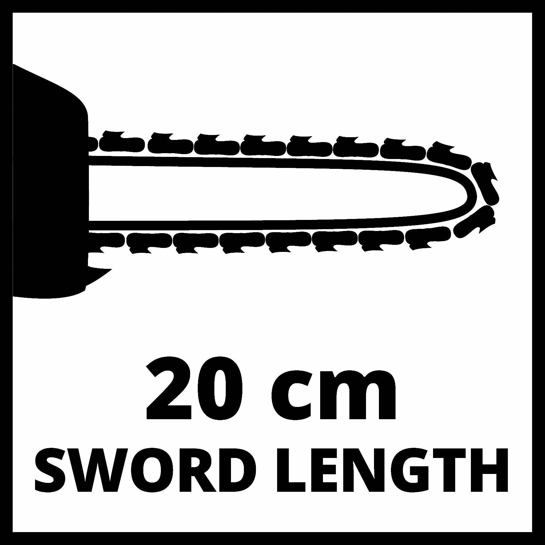 Pod obrázkem motorové pily je nápis „Délka lišty 20 cm".