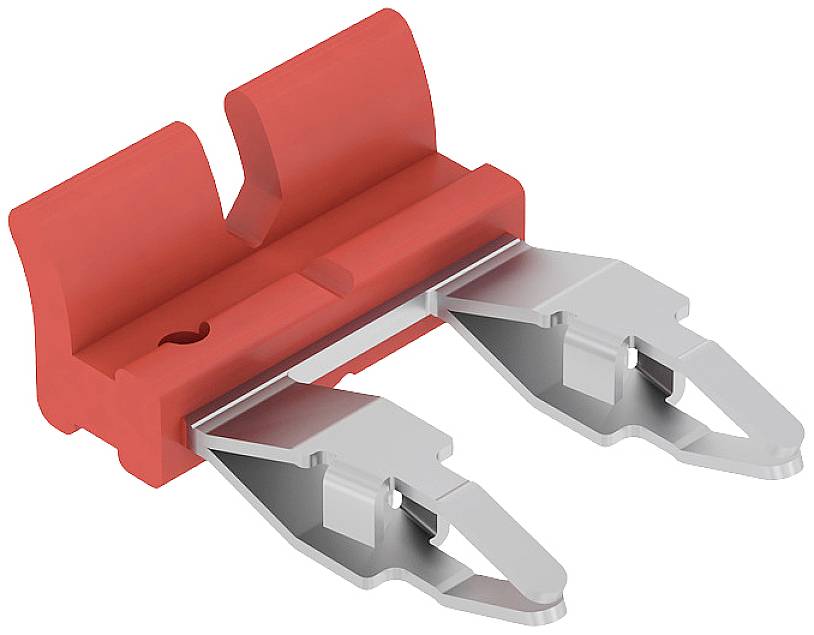 Červený kabelový konektor se dvěma kovovými upínacími svorkami, vhodný pro elektrické propojení, zobrazený v otevřené poloze pro zavedení vodičů.