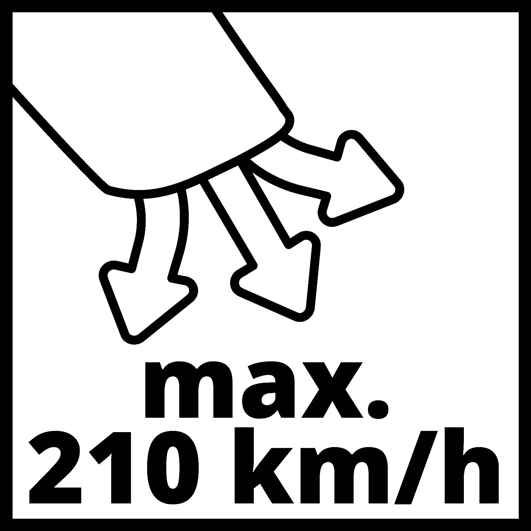 Symbolický obrázek zimní pneumatiky se třemi šipkami a údajem 'max. 210 km/h', který popisuje maximální rychlost pneumatiky.
