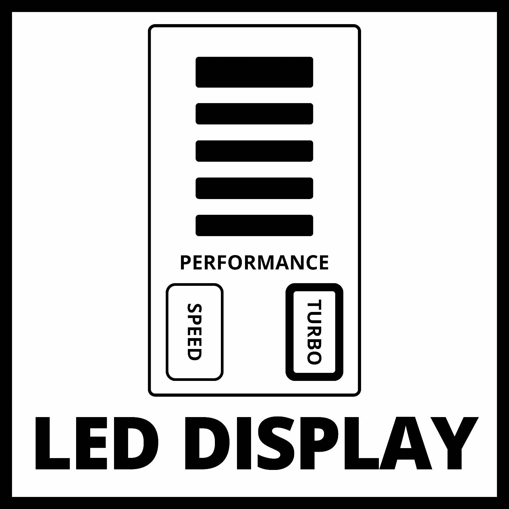 'LED Displej' tučným písmem v dolní části. Diagram znázorňuje výkonnostní úrovně a dvě tlačítka označená 'Rychlost' a 'Turbo' nad ním.