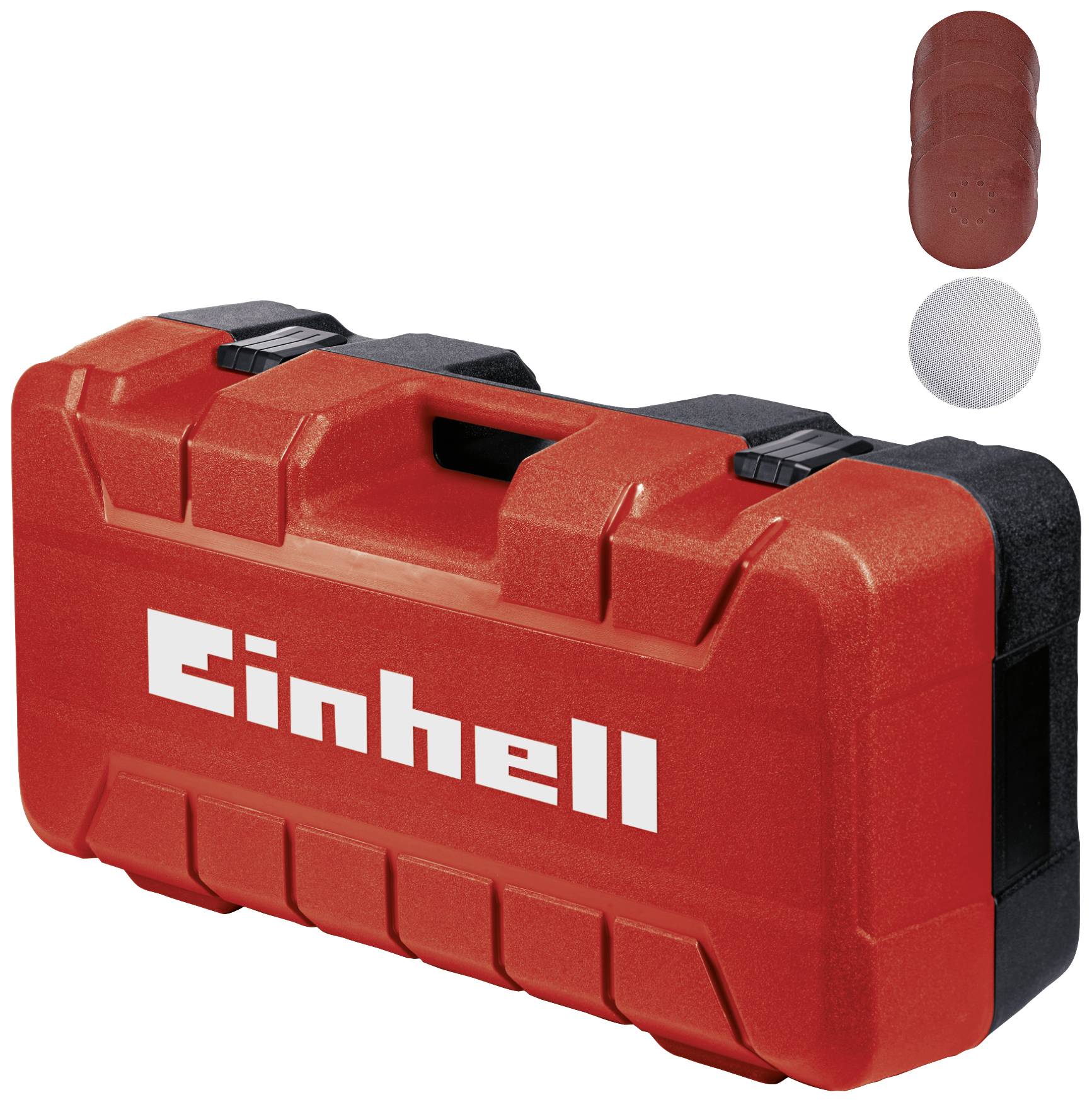 Červený kufřík na nářadí Einhell s robustním designem. Vpravo nahoře jsou zobrazeny tři brusné podložky, dvě červené a jedna bílá.