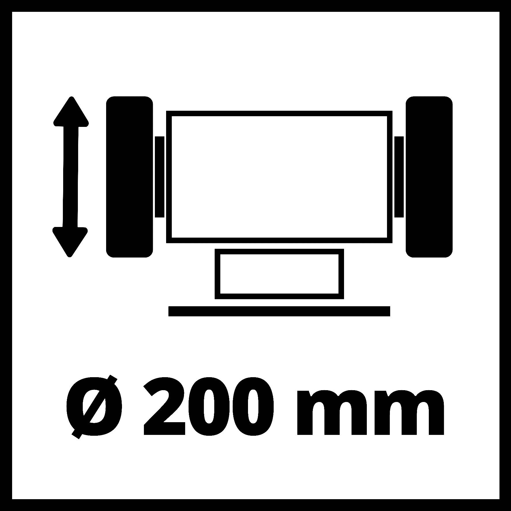 'Symbol pro průměr 200 mm.' Stylizovaný obrázek válcového objektu s vertikálním dvojitým šipkou.