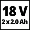18 V, 2x2,0 Ah černým textem na bílém pozadí, udává napětí a kapacitu akumulátoru.