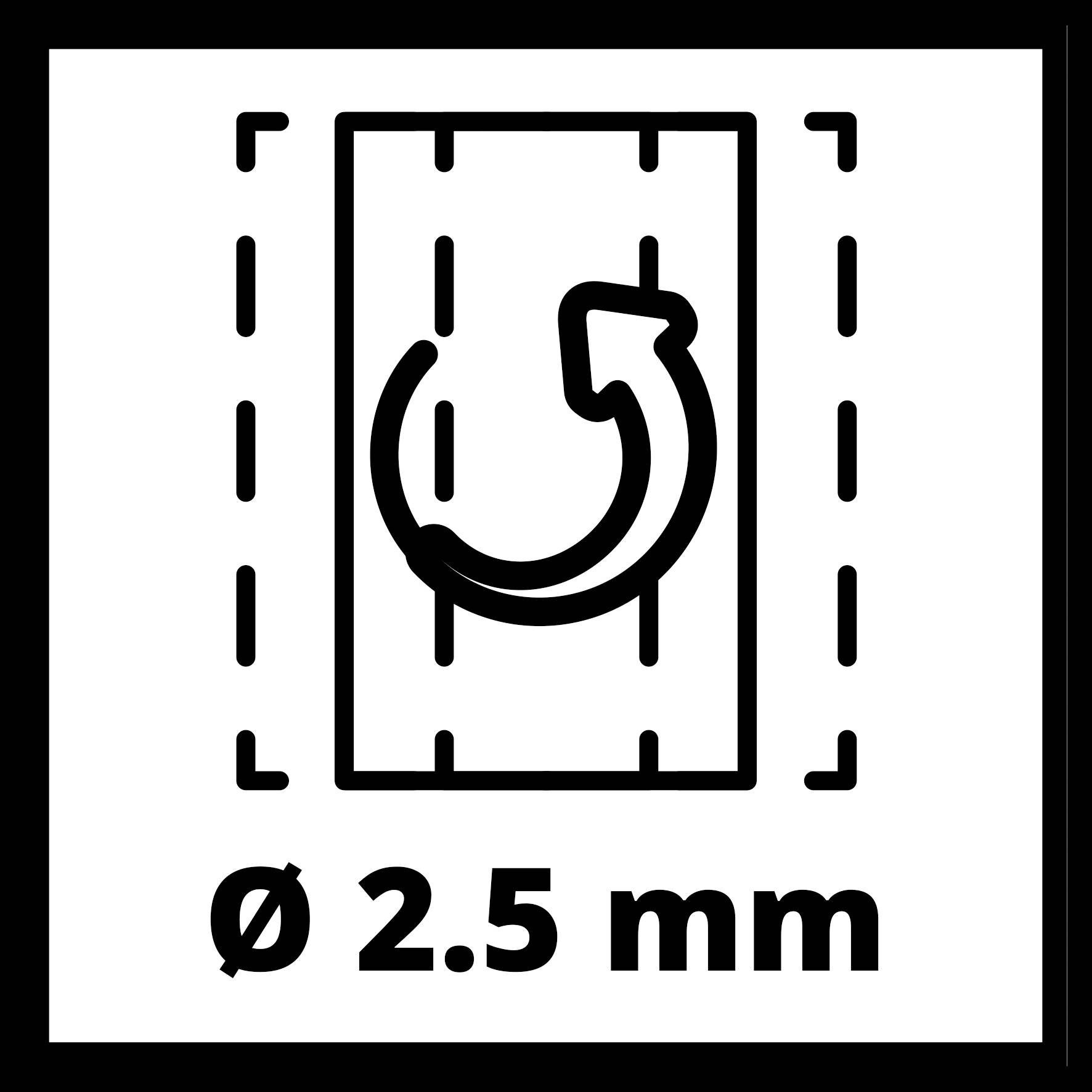 Piktogram znázorňuje dřevěnou plochu s rotačním pohybem. Text 'Ø 2,5 mm' udává průměr.