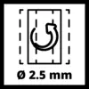 Piktogram znázorňuje dřevěnou plochu s rotačním pohybem. Text 'Ø 2,5 mm' udává průměr.