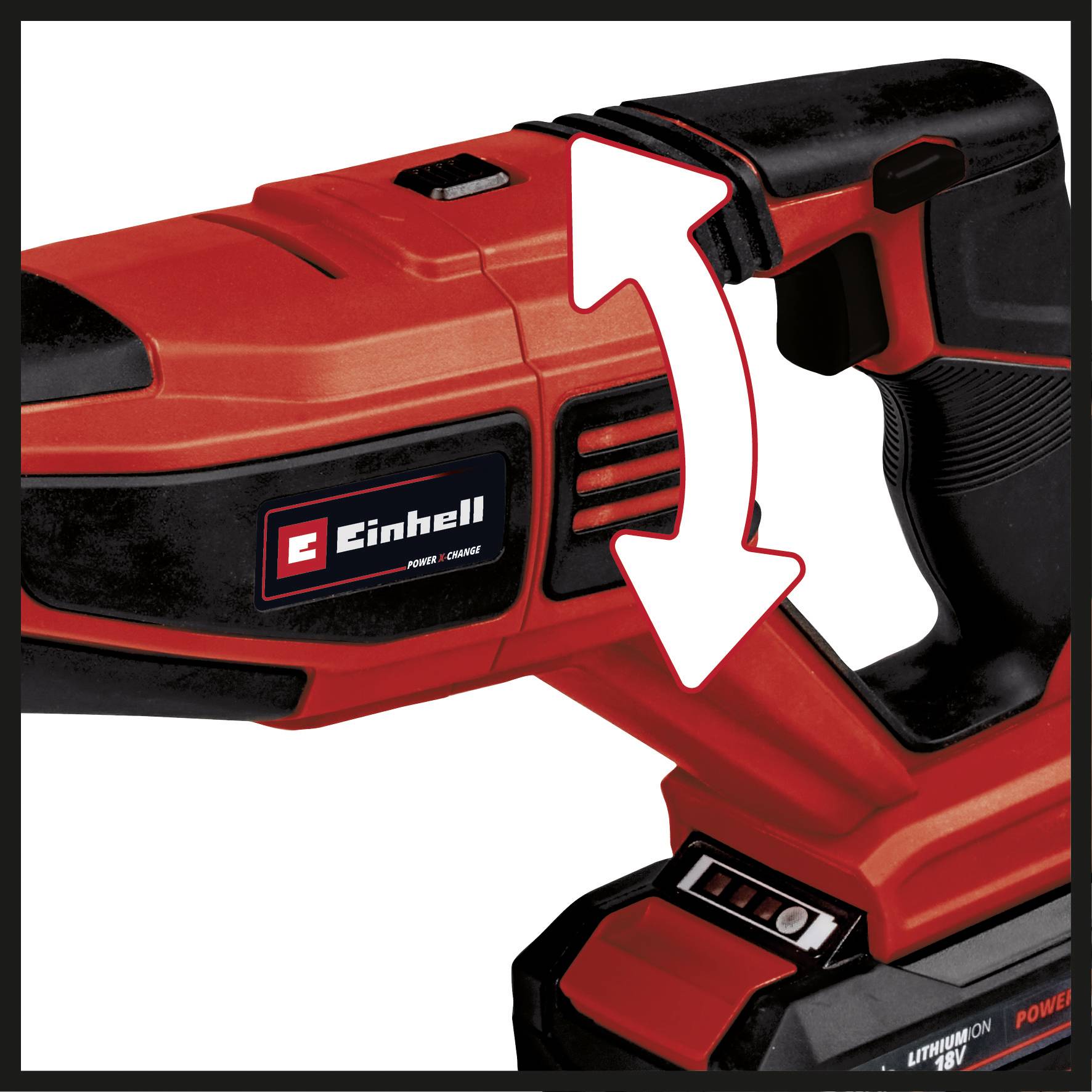 Aku šroubovák 'Einhell' v červeno-černém provedení s ergonomickou rukojetí a spouštěcím tlačítkem. Šipky ukazují směry provozních režimů.