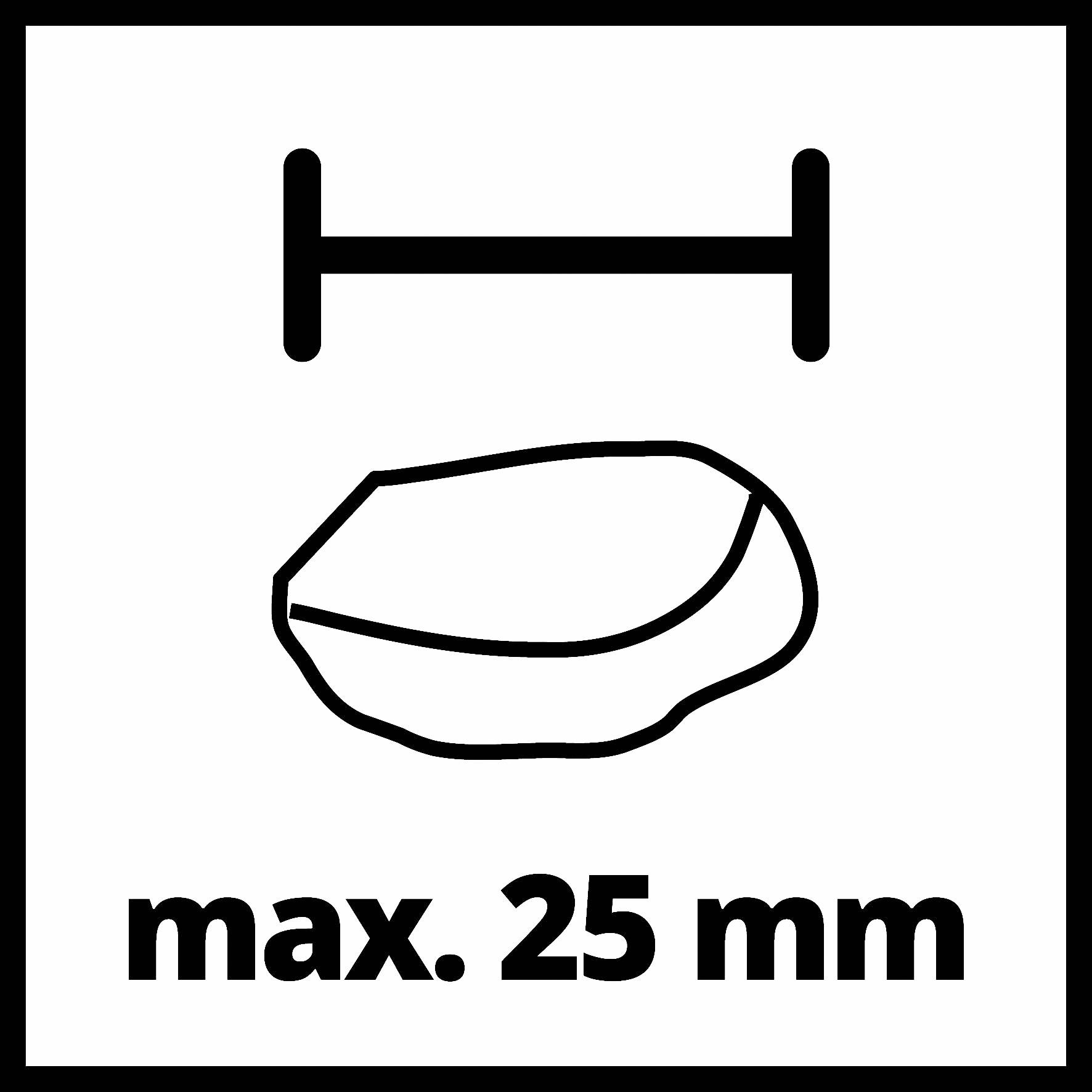 Symbol znázorňuje objekt s maximální šířkou 25 mm. Vodorovný šipka s dvěma čarami nahoře a dole označuje šířku.