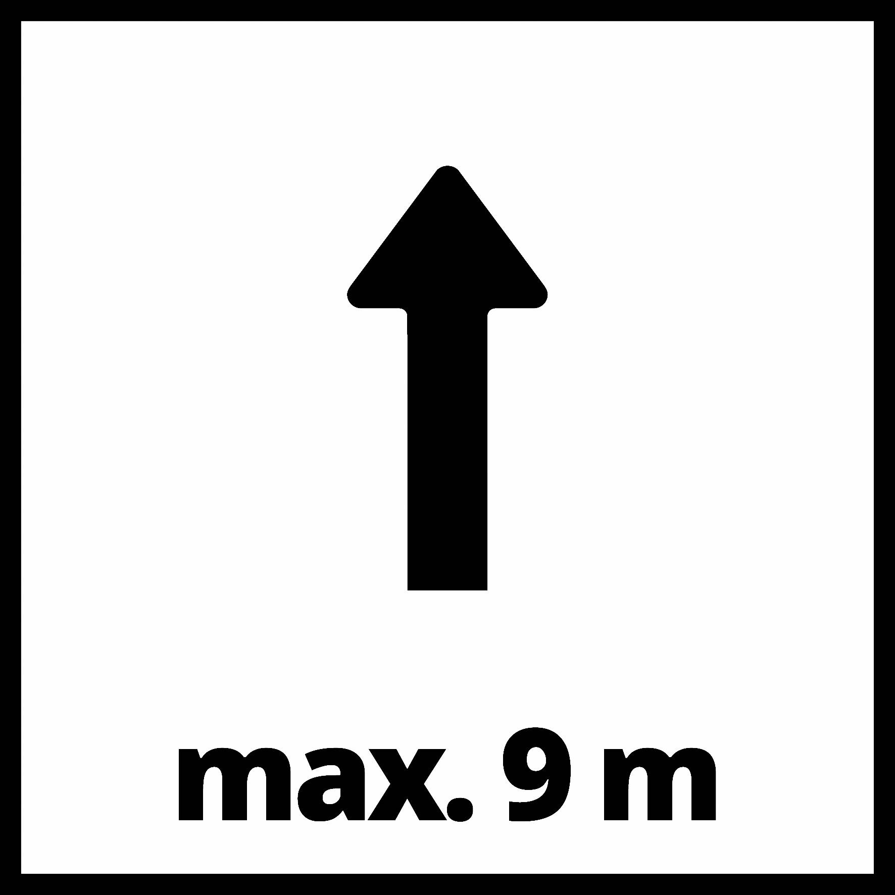 Černý šipka míří nahoru. Pod ní je text 'max. 9 m'.