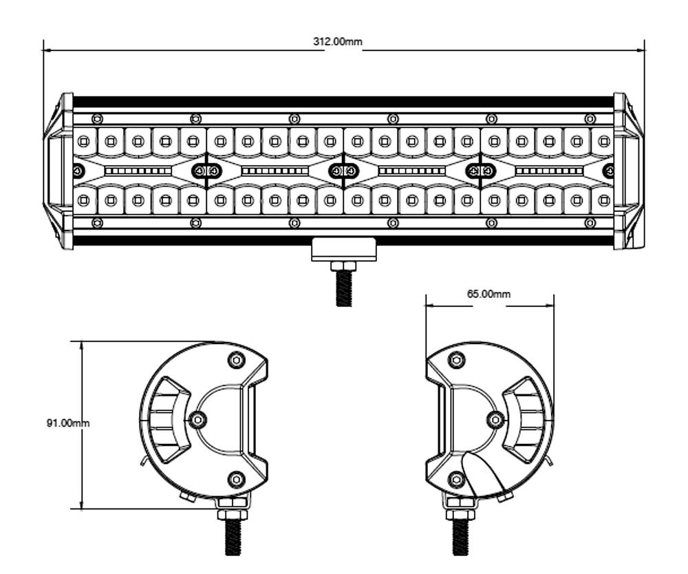 Technický výkres LED světelné lišty s rozměry: délka 312 mm, výška 91 mm, hloubka 65 mm. Obsahuje pohled shora a boční pohled.