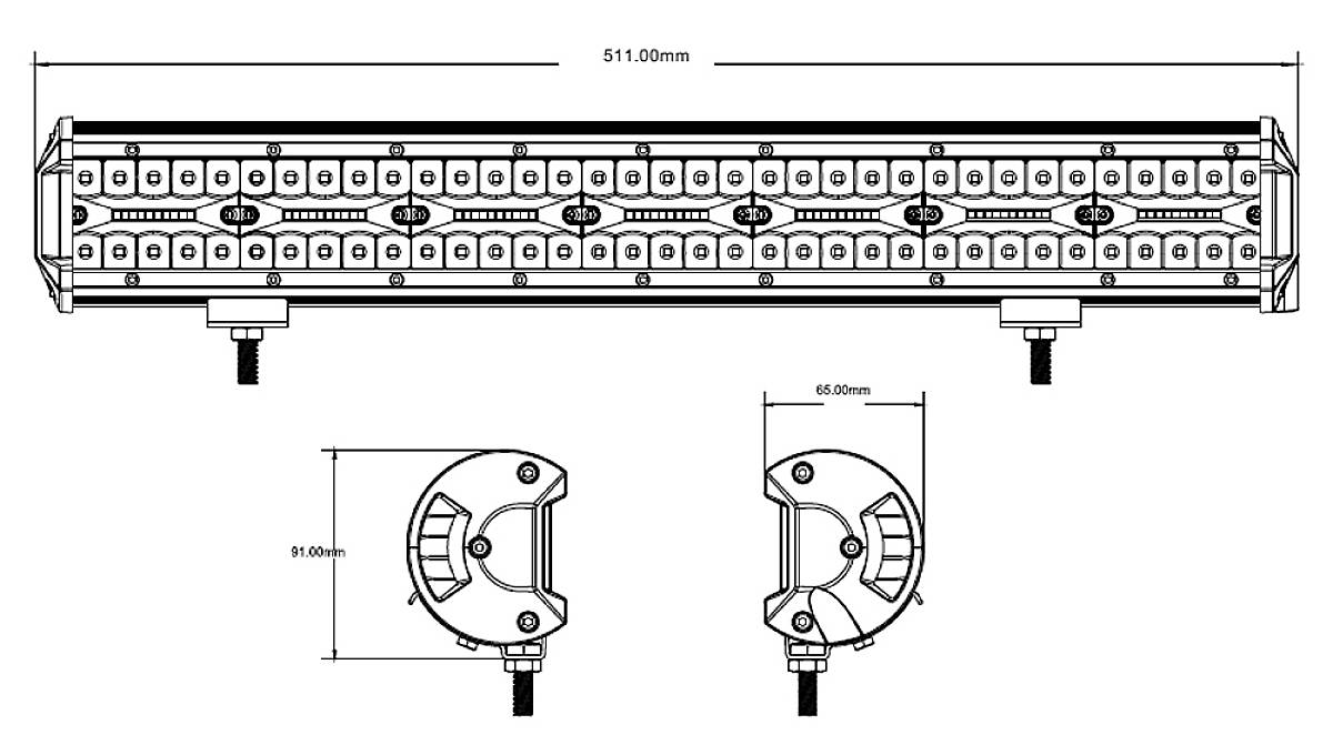 Kresba obdélníkové LED lišty s rozměry: délka 511 mm, výška držáku 81 mm, šířka držáku 65 mm.