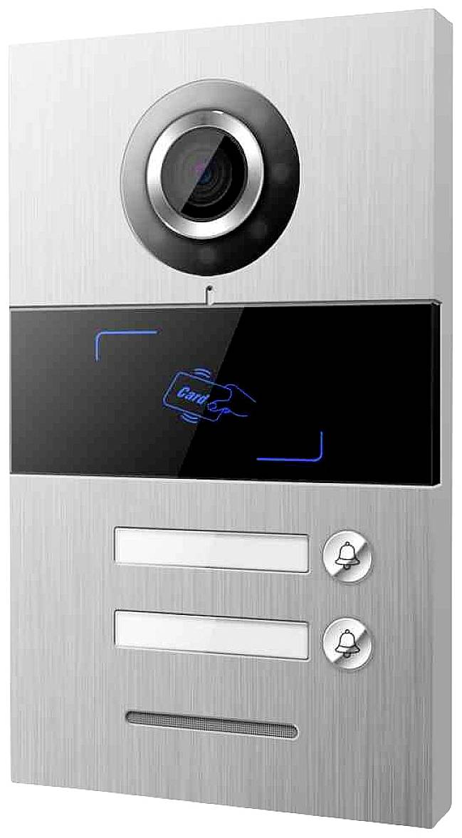Obousměrné komunikační zařízení s kamerou a RFID čtečkou, dvěma zvonky a jmenovkami na stříbrném pozadí.