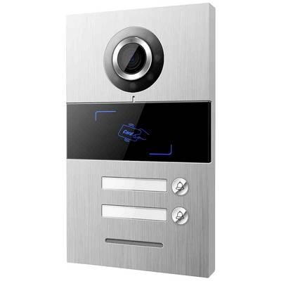 Obousměrné komunikační zařízení s kamerou a RFID čtečkou, dvěma zvonky a jmenovkami na stříbrném pozadí.