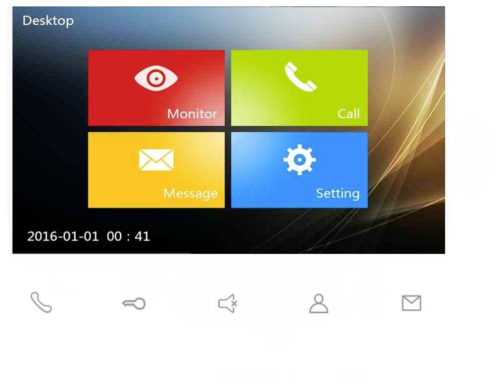 Na obrazovce jsou čtyři barevná tlačítka: 'Monitor', 'Volat', 'Zpráva', 'Nastavení'. Vlevo dole je datum: 2016-01-01.