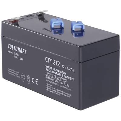 Černá dobíjecí baterie 'VOLTCARFT CP1212' o napětí 12V/1,2Ah. Text a přípojky viditelné na horní straně.