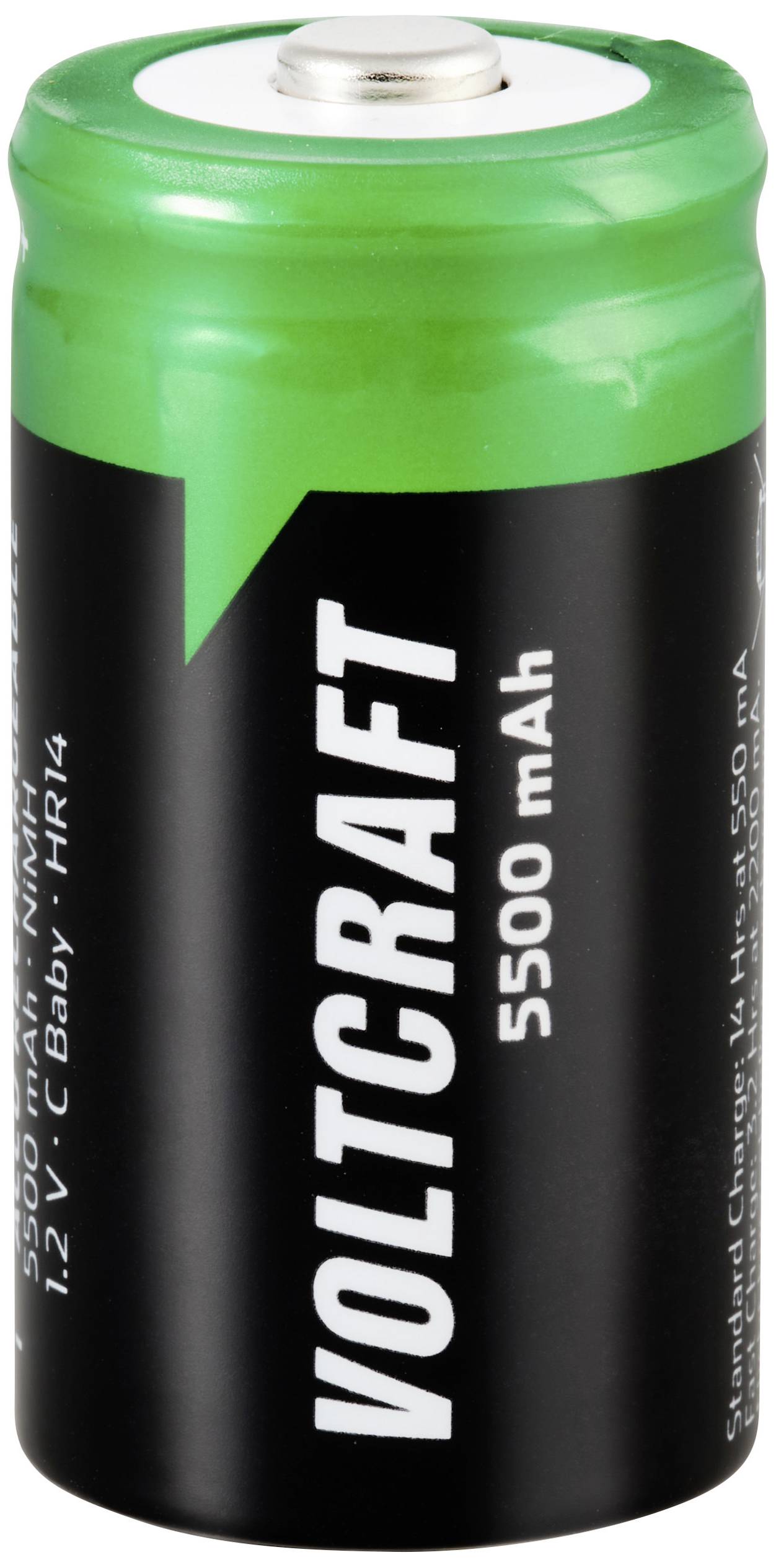 Černý akumulátor se zeleným víčkem, na kterém je napsáno 'Voltcraft 5500 mAh', NiMH, 1,2 V velikost C Baby, určený pro elektrické přístroje.