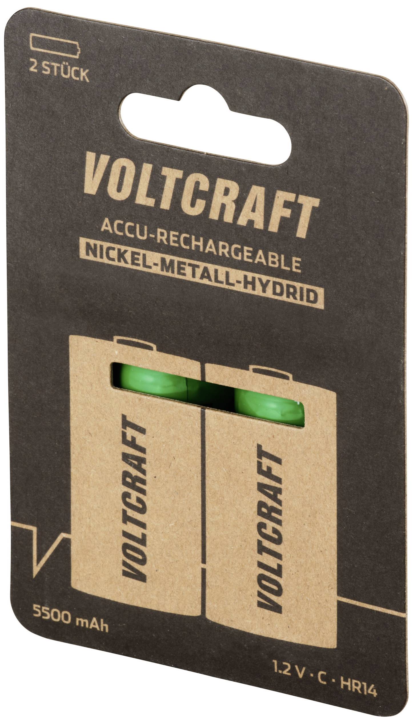 Dva dobíjecí nikl-metalhydridové akumulátory značky Voltcraft v jednom balení, kapacita: 5500 mAh, 1,2 V.