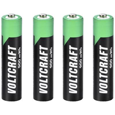 Čtyři černé baterie AAA s nápisem 'Voltcraft 900 mWh', zelený horní kryt, v řadě.