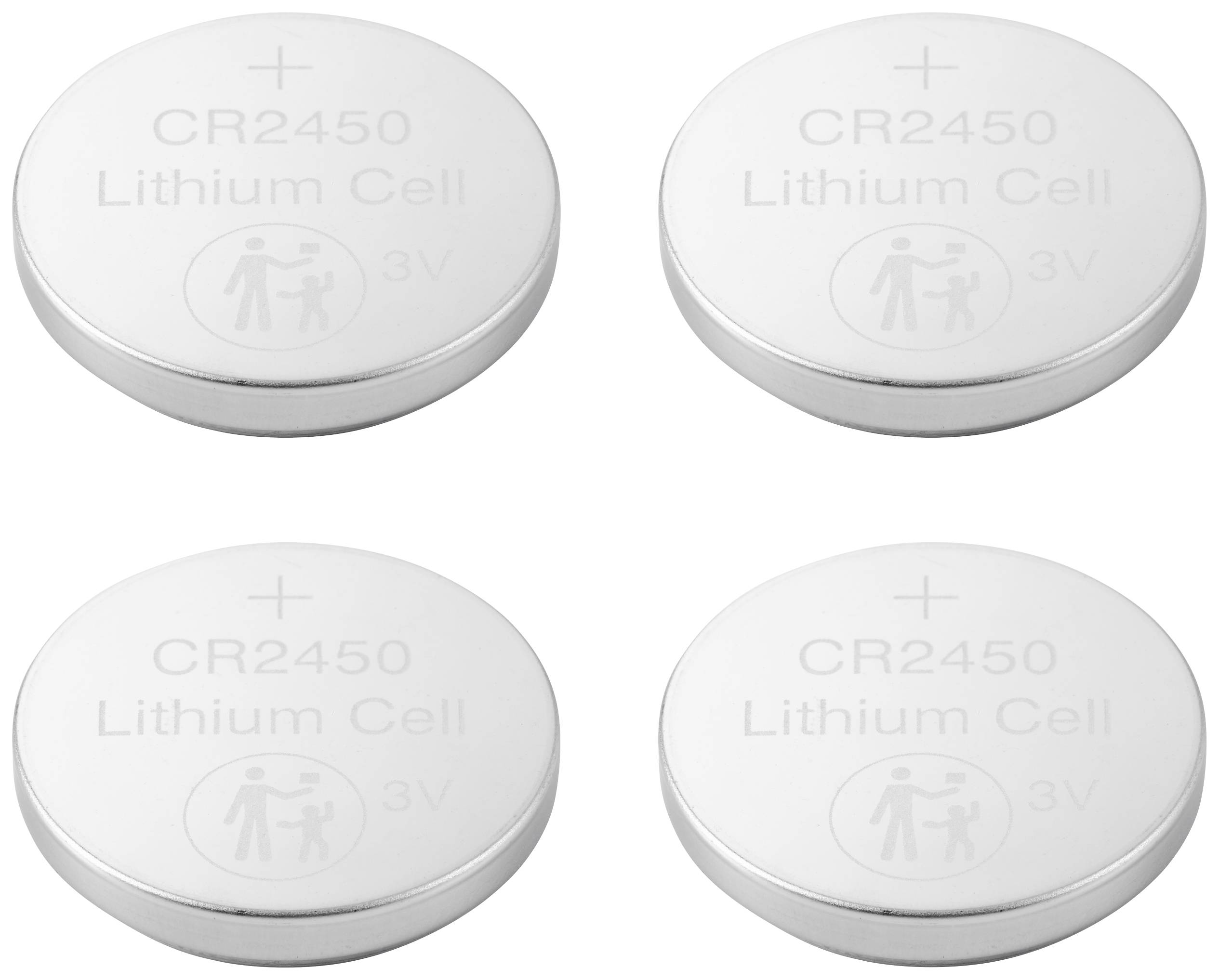 Čtyři lithiové baterie CR2450, každá o 3V, v čtvercovém uspořádání.
