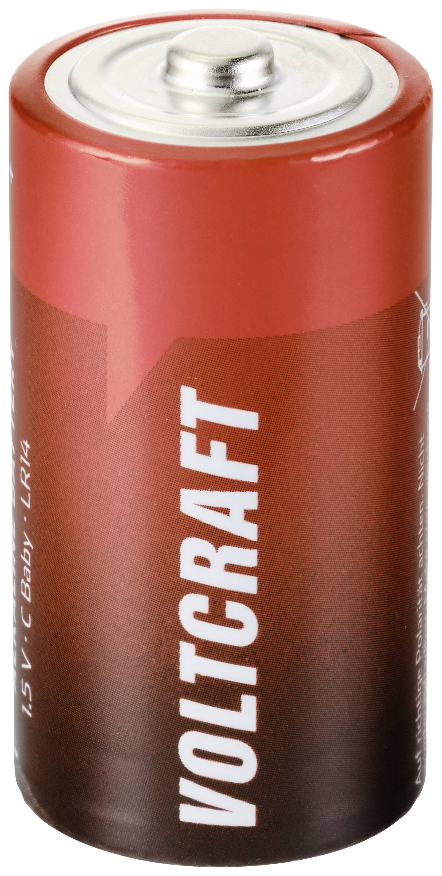Červená alkalická baterie Voltcraft velikosti C, zobrazená ve vzpřímené poloze.