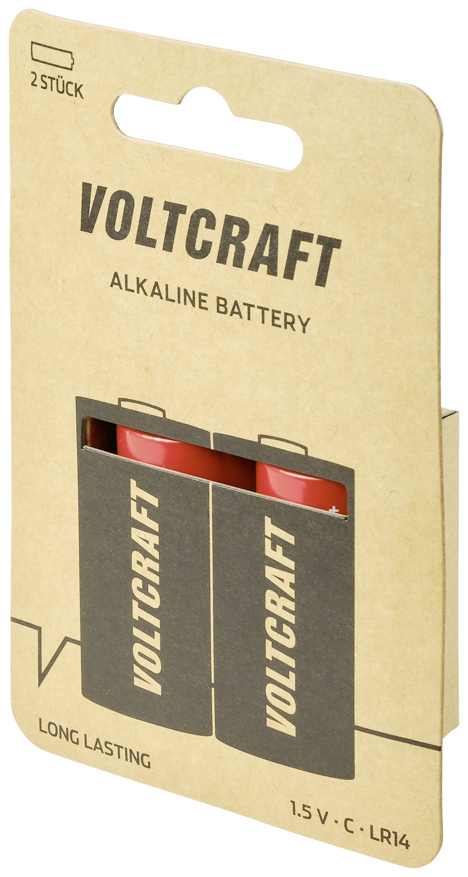Dva alkalické baterie Voltcraft, typ LR14, v hnědé kartonové krabičce. Text na obalu: "Dlouhotrvající, 1,5 V".