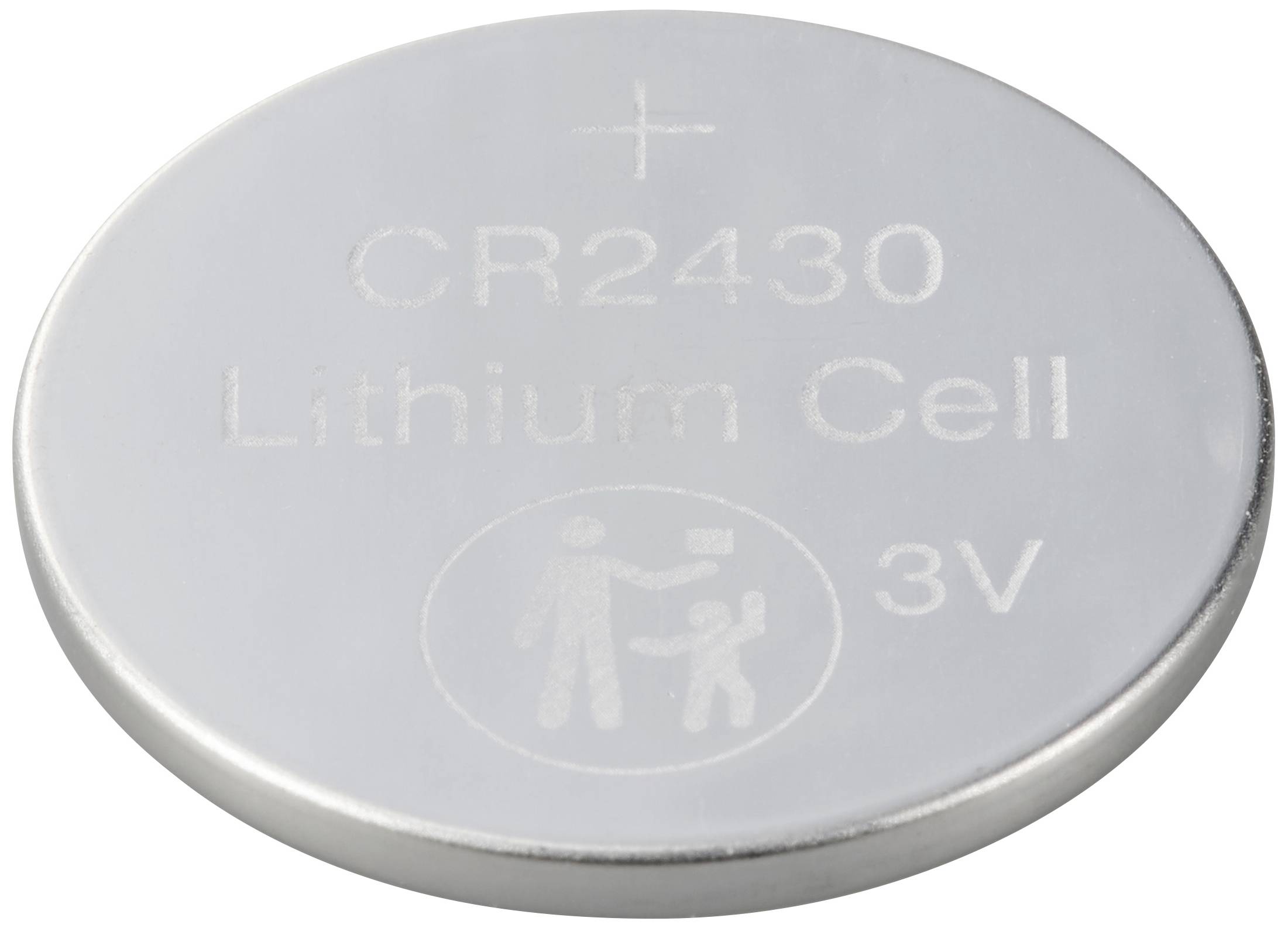 Plochá, kulatá lithiová knoflíková baterie CR2430 s nápisem "Lithium Cell 3V".